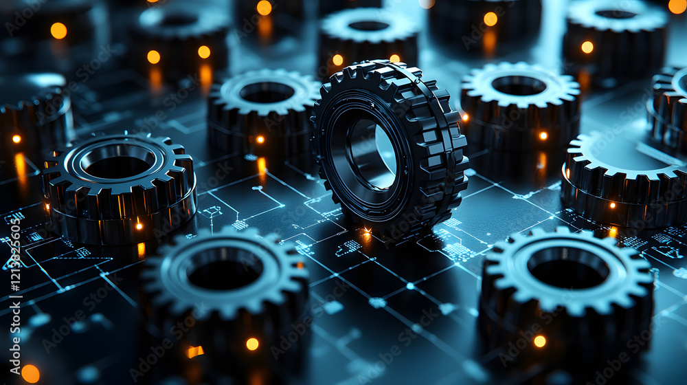 Poster close up of a computer circuit board featuring gears and electronic components