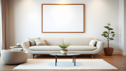 Fototapeta premium Modern Living Room with Empty Frame: A sleek, minimalist living room with a plush white sofa, a round coffee table, and a large empty frame. Perfect for showcasing art, photography, or branding.