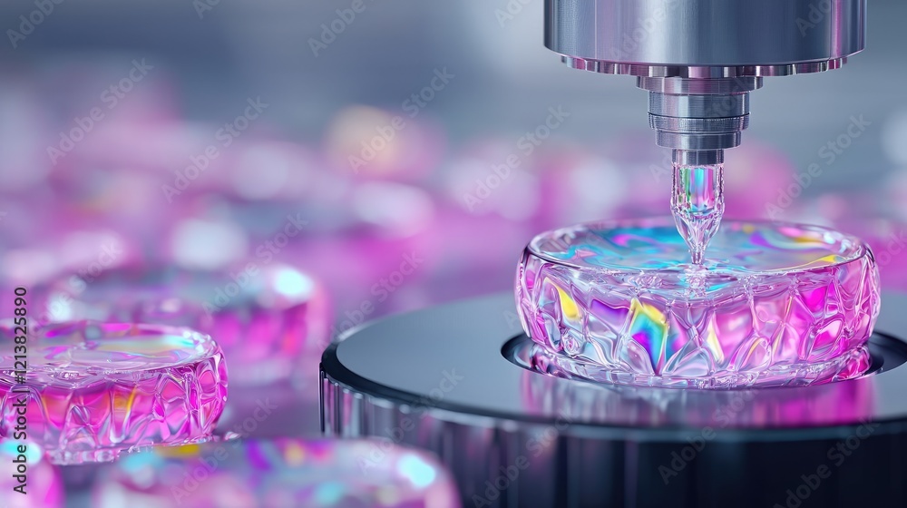 Poster precision machining of iridescent gems; factory background