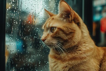 On a rainy day, a serene orange tabby cat watches raindrops on a window. Generative Ai