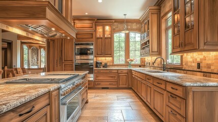 Elegant Modern Kitchen with Wooden Cabinets and Stone Countertops