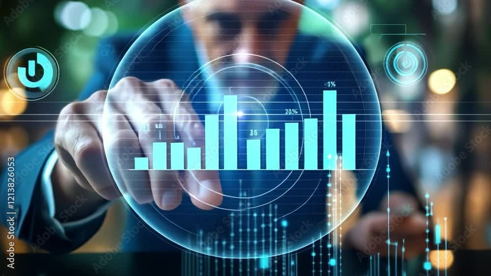 Poster Data-Driven Decisions: A businessman interacts with a holographic interface displaying dynamic bar graphs, symbolizing data analysis, strategic planning, and technological advancement in business.