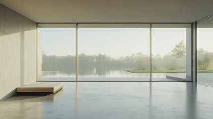 Fototapeta premium Modern Minimalist Interior with Large Glass Window and Serene View