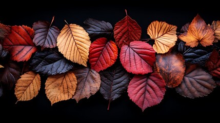 Obraz premium Autumn Leaves Arranged In A Horizontal Row Against A Dark Background
