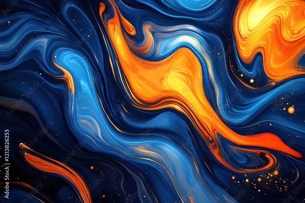 Aufkleber abstract fluid art with flowing orange and blue colors and golden sparkles creating a dynamic effect