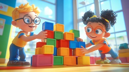 Fototapeta premium Kids Building Colorful Block Tower Preschool Playtime Fun