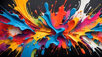 Abstract vibrant colorful paint splashes explode against a black background, creating a dynamic and energetic artwork.