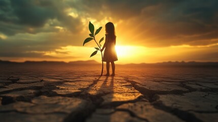 Fototapeta premium Young girl holding a small green plant in a dry desert landscape under clear blue sky