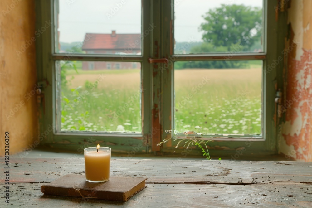 Poster a peaceful window view featuring a candle on a rustic table, with greenery and a distant house visib
