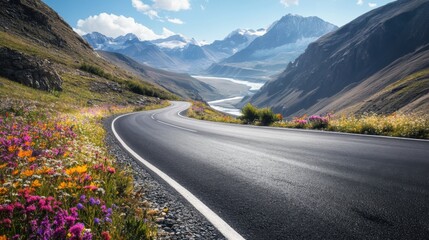 Naklejka premium Colorful wildflowers lining a paved road under a clear blue sky in a rural landscape