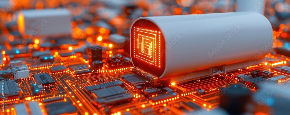 Poster wind power concepts. close-up of a glowing microchip on a circuit board.