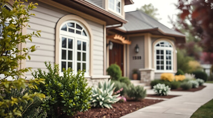 Luxury Home Exterior: Landscaping and Architectural Design.  A stunning residential property showcasing beautiful landscaping and architectural details.