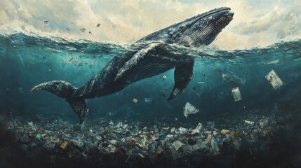Fototapeta premium Whale swimming above large group of ocean trash and plastic debris in water