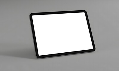 Black tablet computer with blank screen, isolated on grey background
