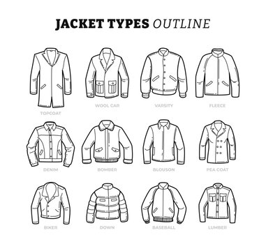 Set of different types of jacket  outline collection with line art style, leather jackets Topcoat, Wool Car, Varsity, Fleece, Denim, Bomber, Blouson, Peacoat Leather, Biker, Down, Baseball, Lumber.