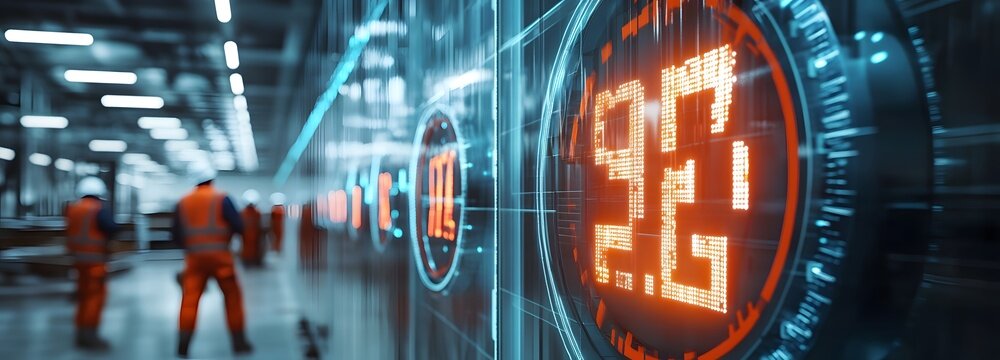 A digital clock embedded in a wall, counting down to a major project deadline, with workers preparing for the final push