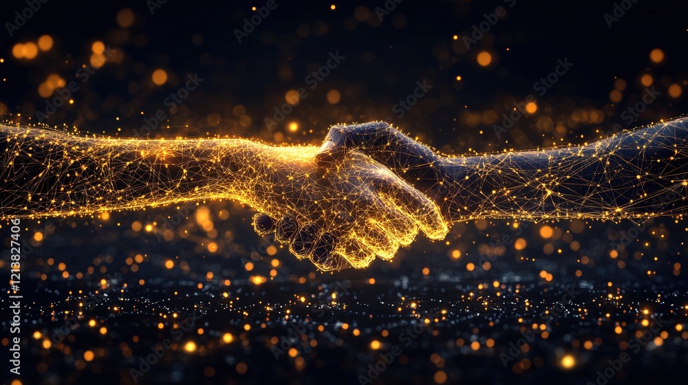 Poster digital handshake with glowing mesh and bokeh effect on dark background for business concept