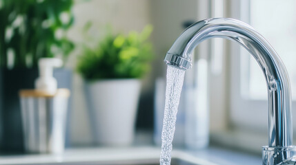 Water Flowing from Faucet: A stream of fresh, clean water flows from a modern, chrome-plated faucet in a contemporary kitchen setting.