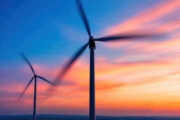 Obraz premium Wind Power Concepts. Wind turbines against a colorful sunset sky.