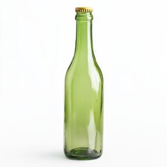 Empty green glass bottle with gold cap on white background.