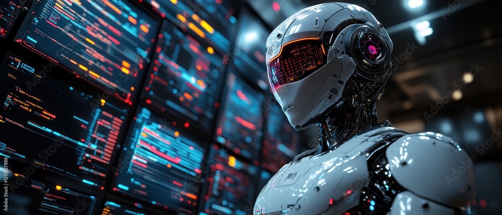 Poster futuristic robot analyzing data in high-tech lab