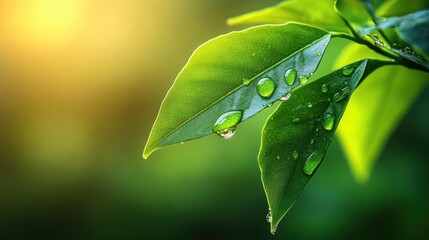Dew Drops on Fresh Green Leaves at Sunrise