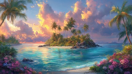 Painting of a tropical island with palm trees and a serene beach landscape under a clear blue sky