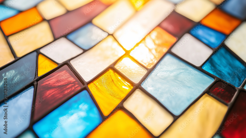 Poster stained glass abstract: an abstract pattern of colorful stained glass illuminated by a warm, soft li