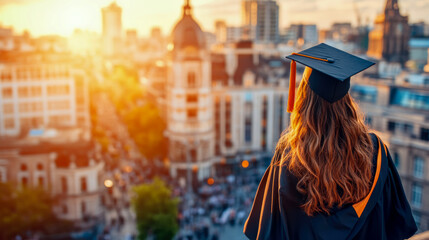 Graduate Gazing at Golden Hour Cityscape: A New Chapter Begins