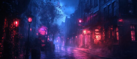 Obraz premium Neon-lit Night Street, Foggy, Rainy