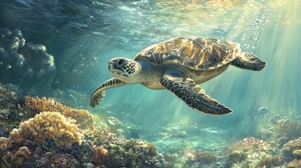 Obraz premium Turtle swimming gracefully underwater in clear ocean waters