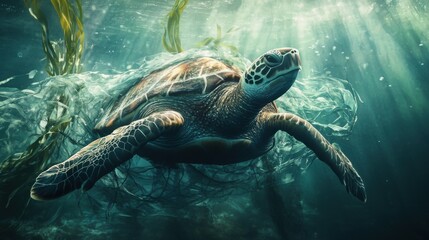 Obraz premium Turtle swimming in polluted sea surrounded by plastic waste and debris