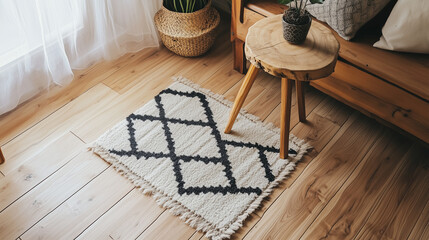 A plain, light wood floor with one small, black and white rug under a table.