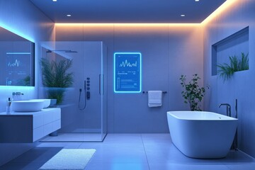 Smart bathroom, futuristic design, nighttime ambiance, digital display, wellness