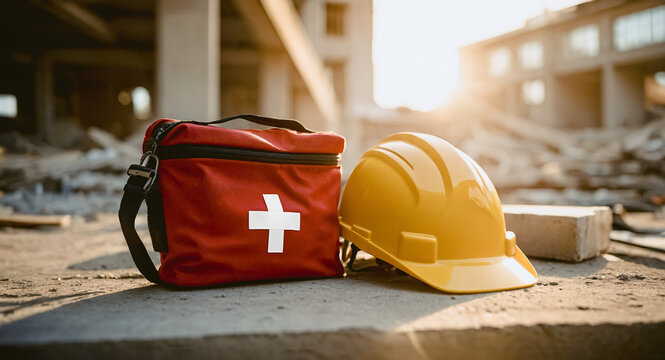 First aid kit and yellow safety helmet on construction site. Occupational Safety and Health concept. Workplace safety on construction site