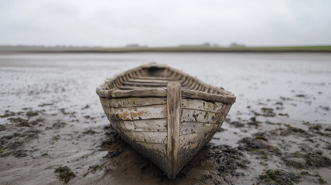 Solitude on the Tide: A weathered wooden rowboat rests on the mudflats, abandoned and forgotten. Its solitary form suggests a story of past voyages and lost adventures.