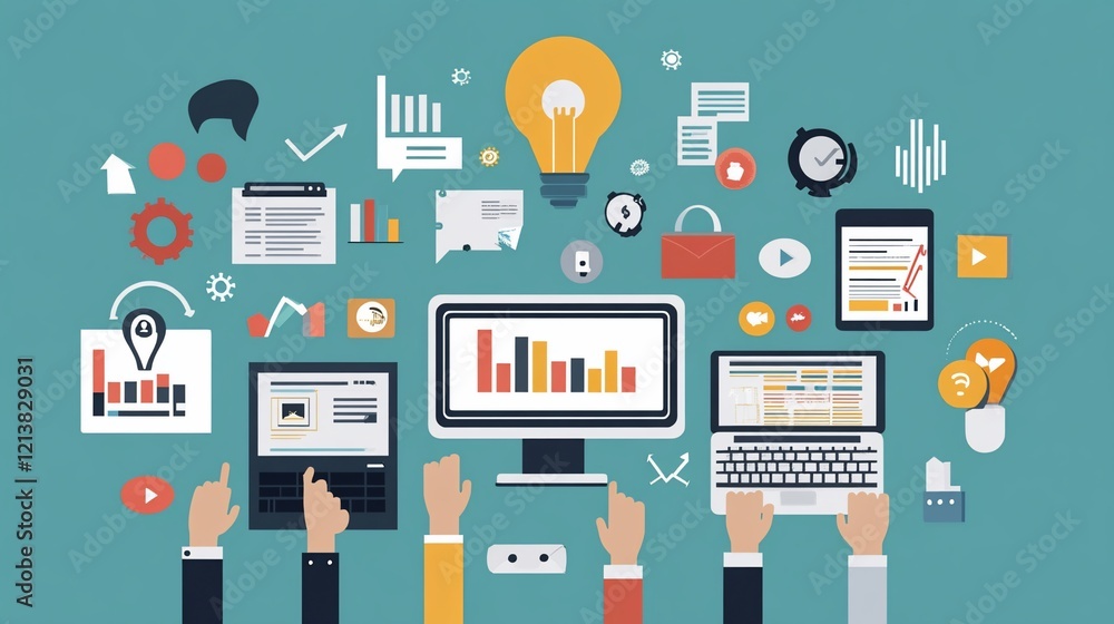 Aufkleber teamwork concept with hands reaching for technology and data visualization elements