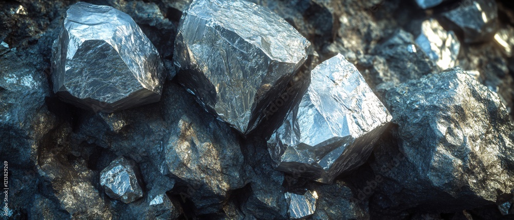 Poster shiny metallic rocks on dark rough surface with light reflection creating a mineral texture