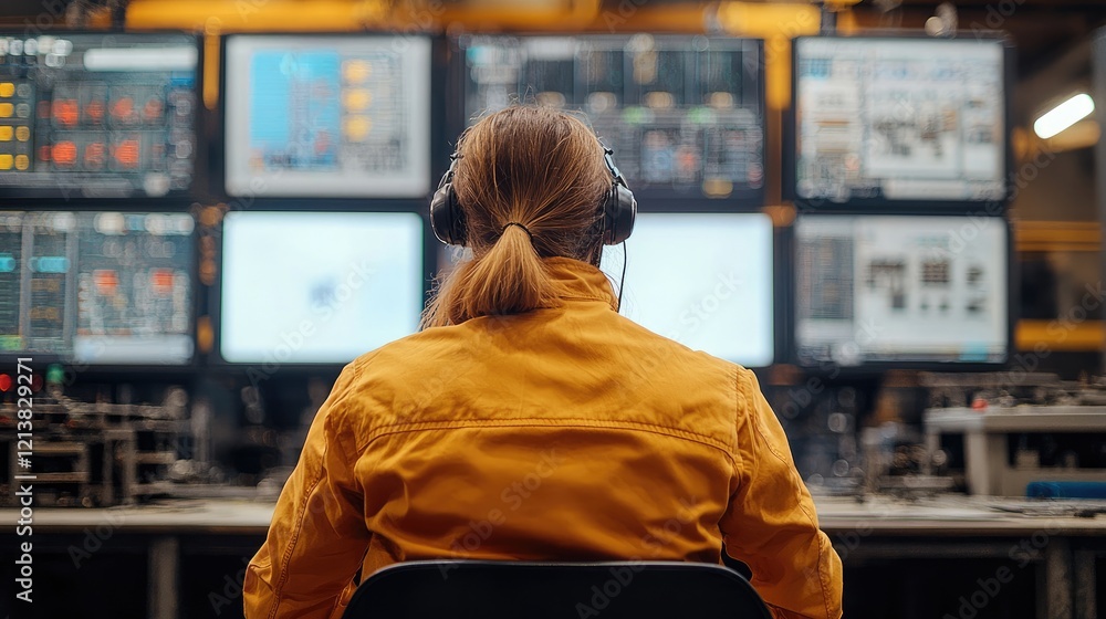 Poster A factory supervisor overseeing operations, standing in front of a large control panel, with multiple screens displaying factory metrics and machines working in the background.