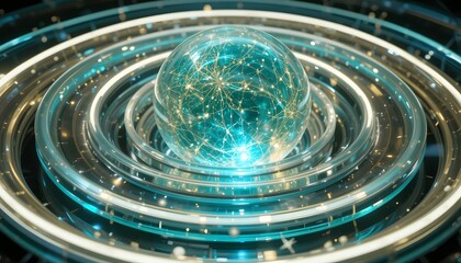 A futuristic glowing orb made of liquid light, surrounded by concentric rings of transparent glass.