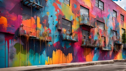 Fototapeta premium Vibrant abstract paint drips cascade down a building facade, contrasting with the weathered metal balconies of its multi-story windows.