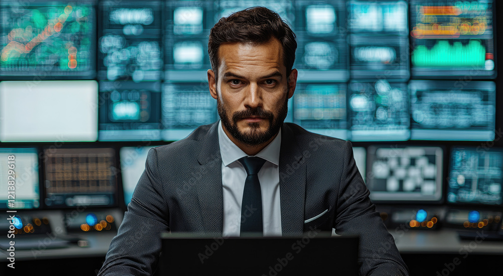 Poster A factory supervisor overseeing operations, standing in front of a large control panel, with multiple screens displaying factory metrics and machines working in the background.