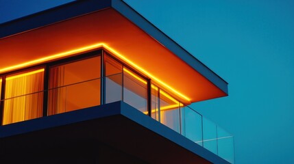 Fototapeta premium Modern house, illuminated balcony, twilight sky, architectural detail, real estate