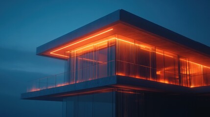 Fototapeta premium Modern house, night, orange lights, balcony, coastal