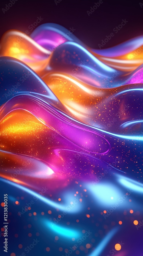 Poster abstract flowing waves with vibrant colors and sparkling particles on a dark background