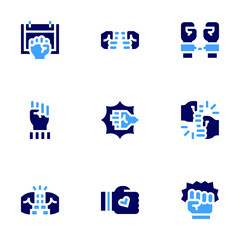 Empowerment icon set. Bold style. Duotone colors. fist, punch, protest, hand gesture, fists, slave, fight, human rights