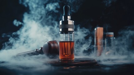 Court gavel and vape device with liquid and bottle, Legal act to restrict vaping, outlaw smoking electronic cigarettes idea, vape ban legislation conceptual, on black background with smoke.