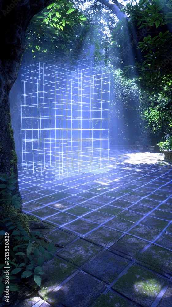 Poster a serene forest scene with beams of light illuminating a grid-like structure, surrounded by lush gre