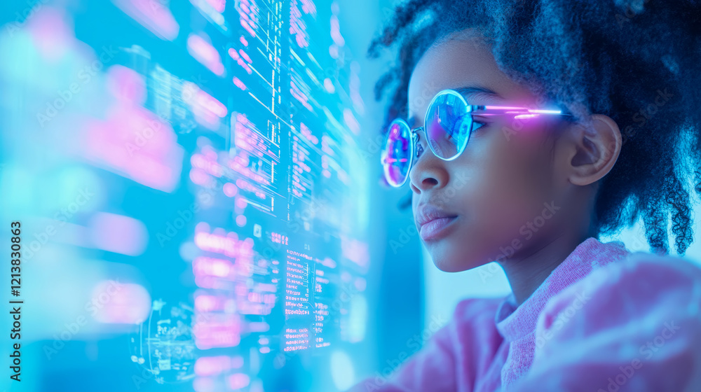 Poster young coder: girl with futuristic glasses studying code on a vibrant screen