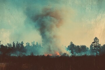 A striking plume of smoke rising against a blue sky from a distant forest fire. Generative Ai